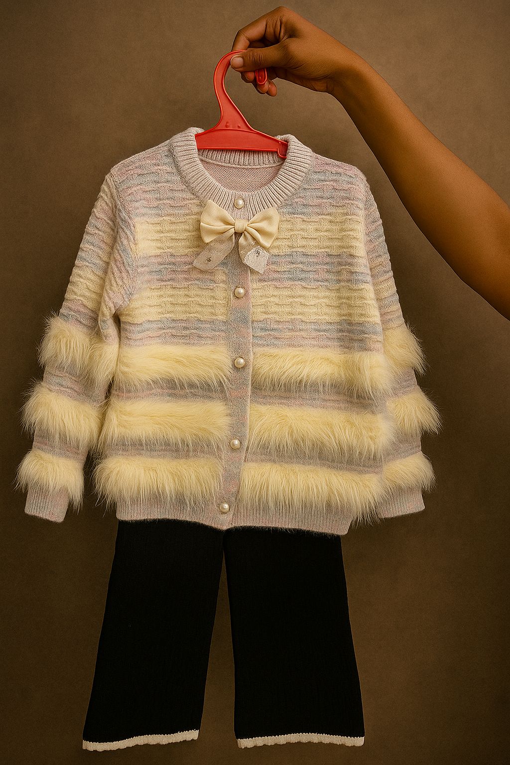 Cream & Pastel Striped Fur-Trim Cardigan Set