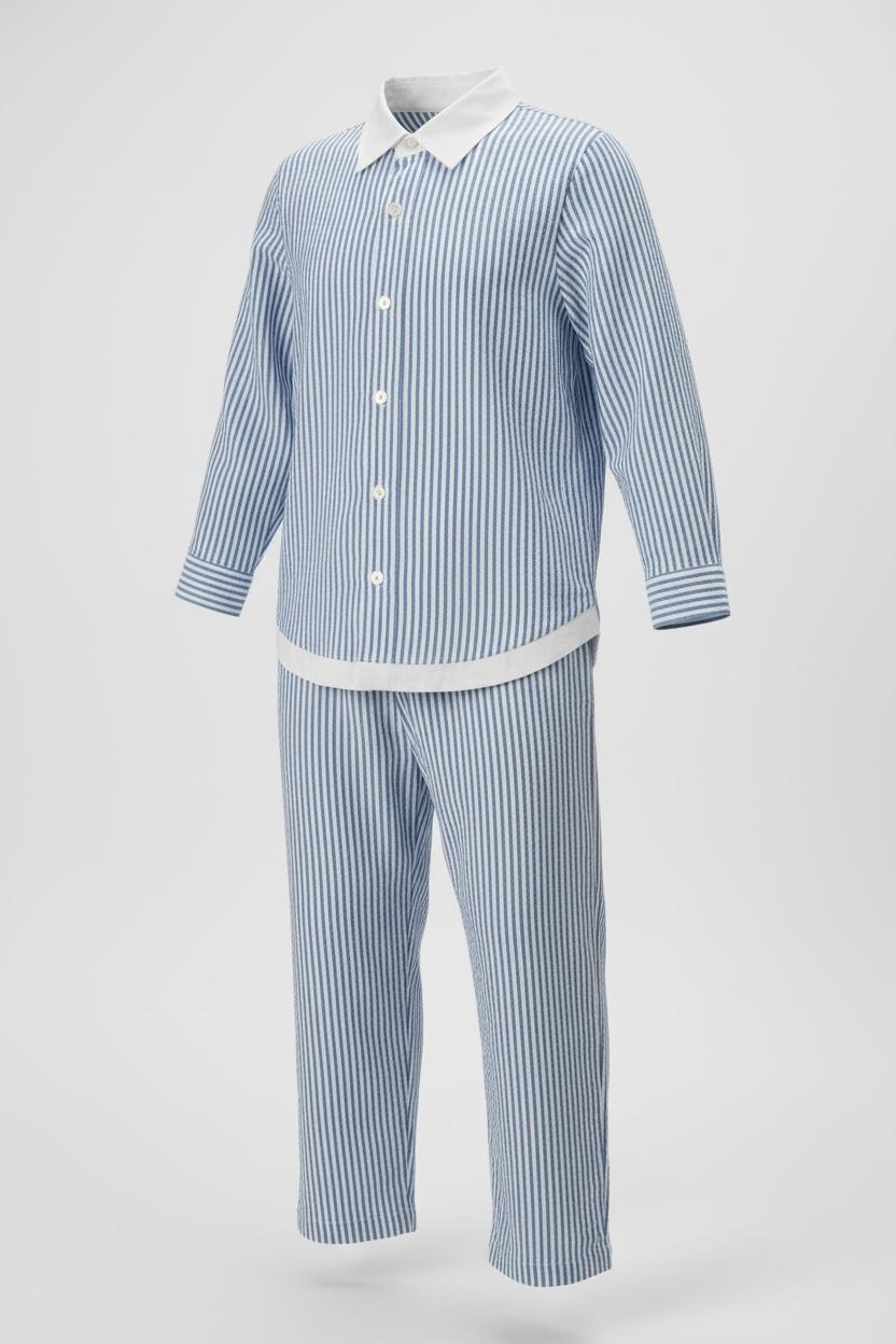 Classic Stripe Button-Down Lounge Set – Blue & White