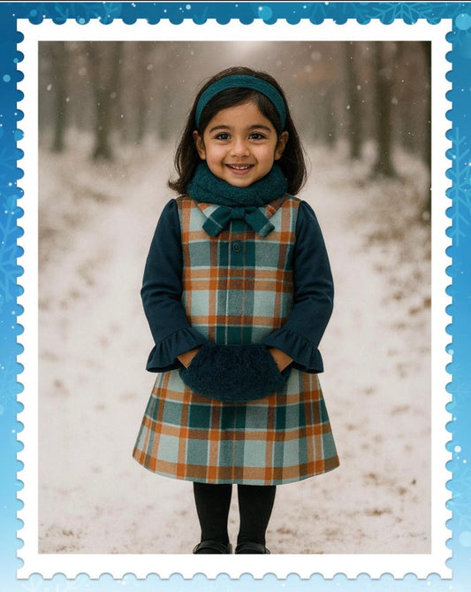 Blue & Brown Checkered Dress with Muff