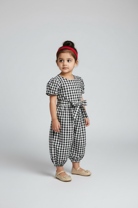 Classic Black Gingham Puff Sleeve Jumpsuit