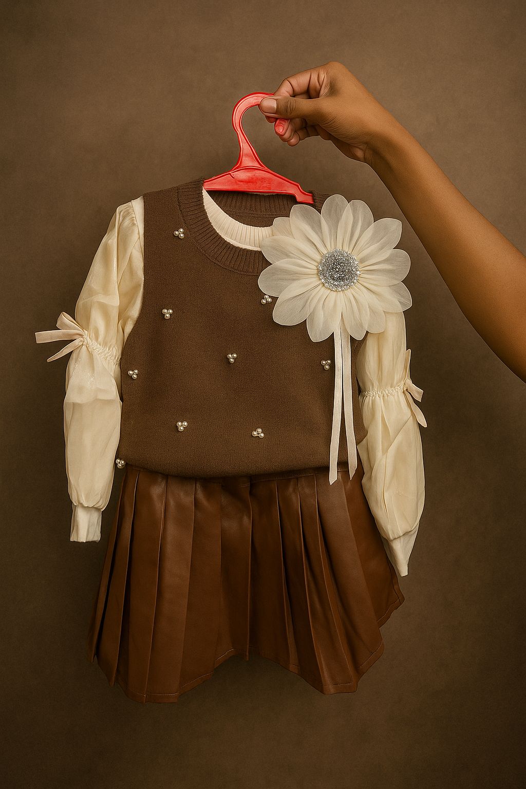 ⁠Brown Knit Vest Dress with Pearl Accents