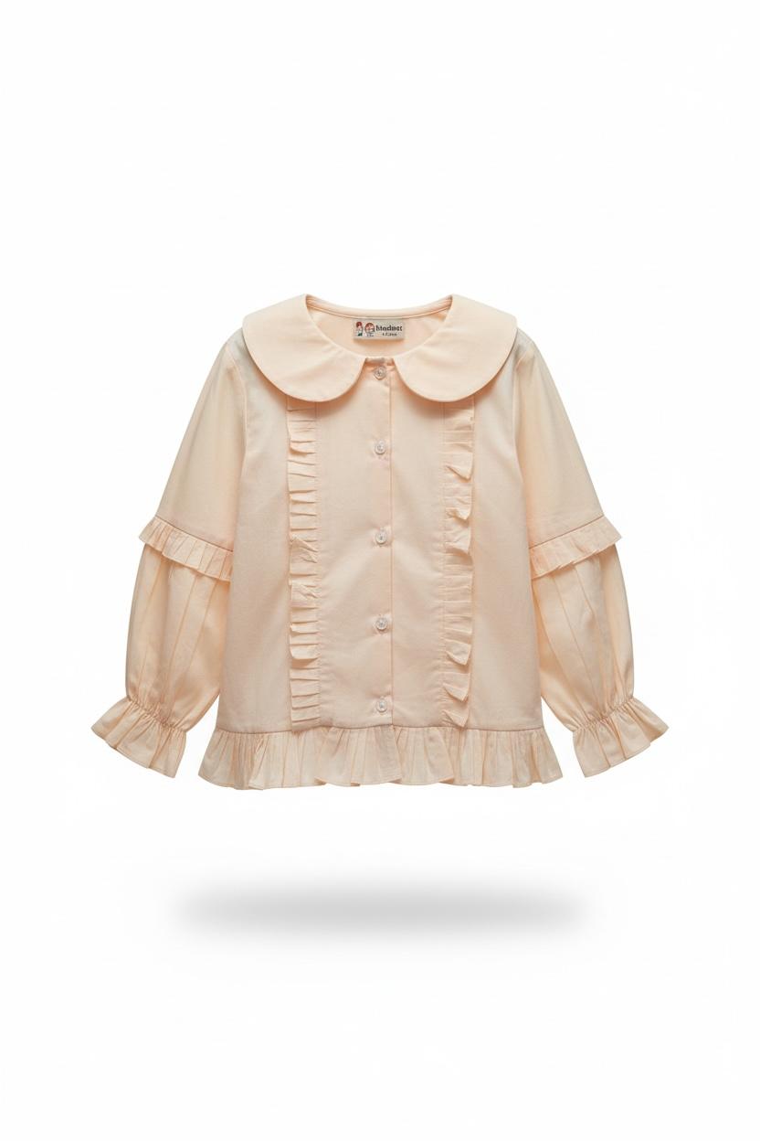Vintage-Inspired Peter Pan Collar Ruffle Shirt – Soft Blush