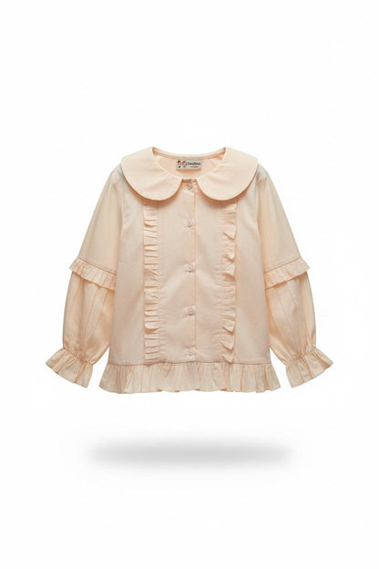 Vintage-Inspired Peter Pan Collar Ruffle Shirt – Soft Blush