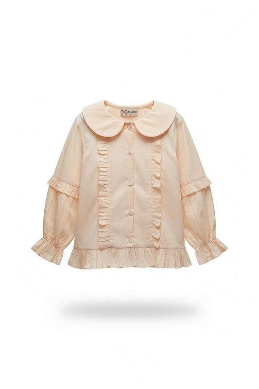 Vintage-Inspired Peter Pan Collar Ruffle Shirt – Soft Blush