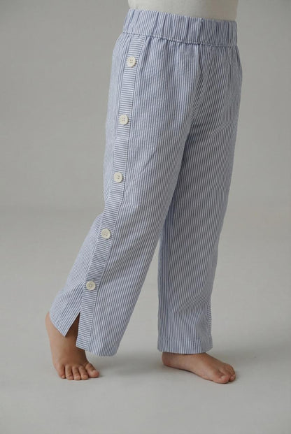 Classic Blue Pinstripe Button-Detail Pants