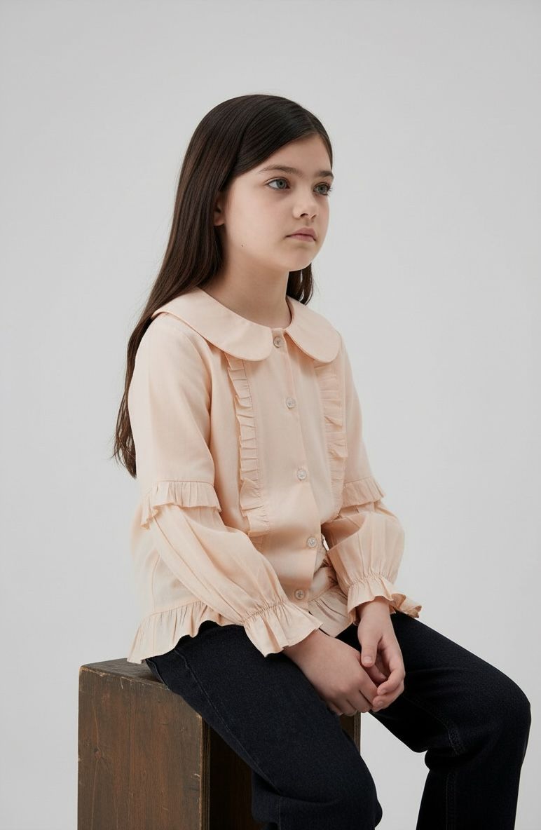 Vintage-Inspired Peter Pan Collar Ruffle Shirt – Soft Blush
